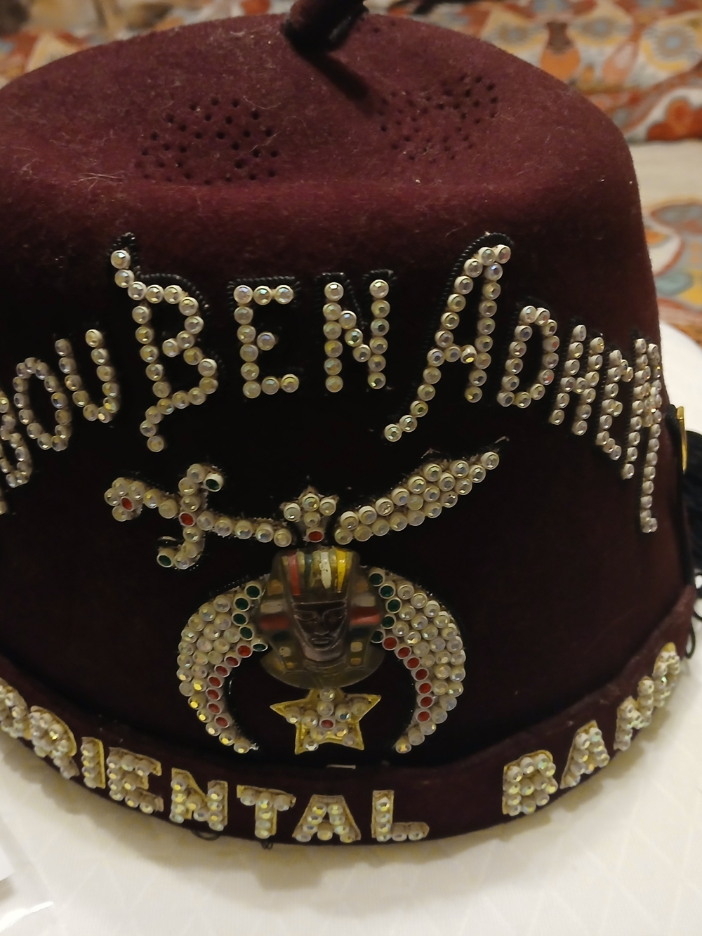 Embellished Burgundy Fez Hat with Rhinestone Masonic Motif